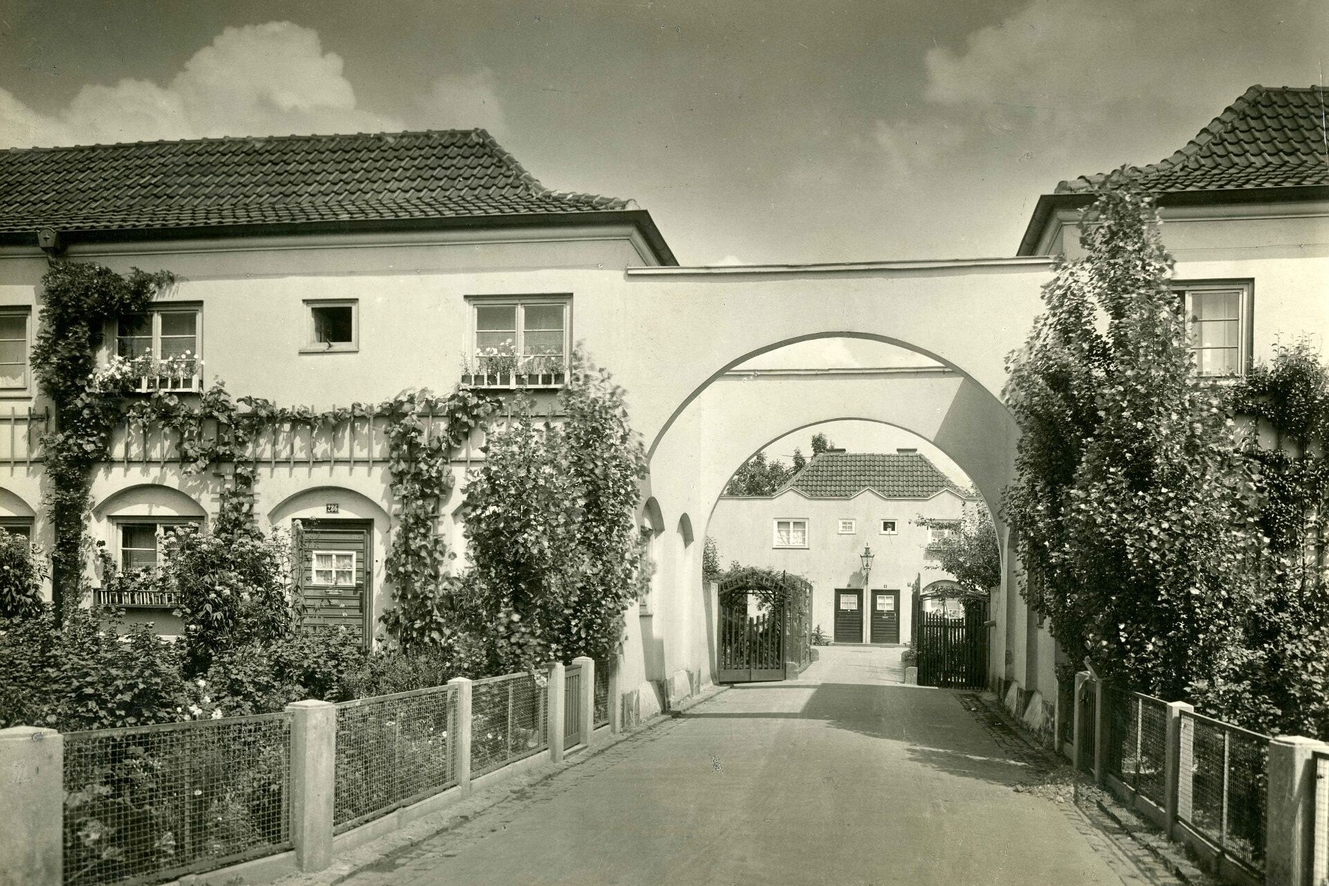 Historisches Foto von Vorgärten in der Nibelungensiedlung in Mauenheim